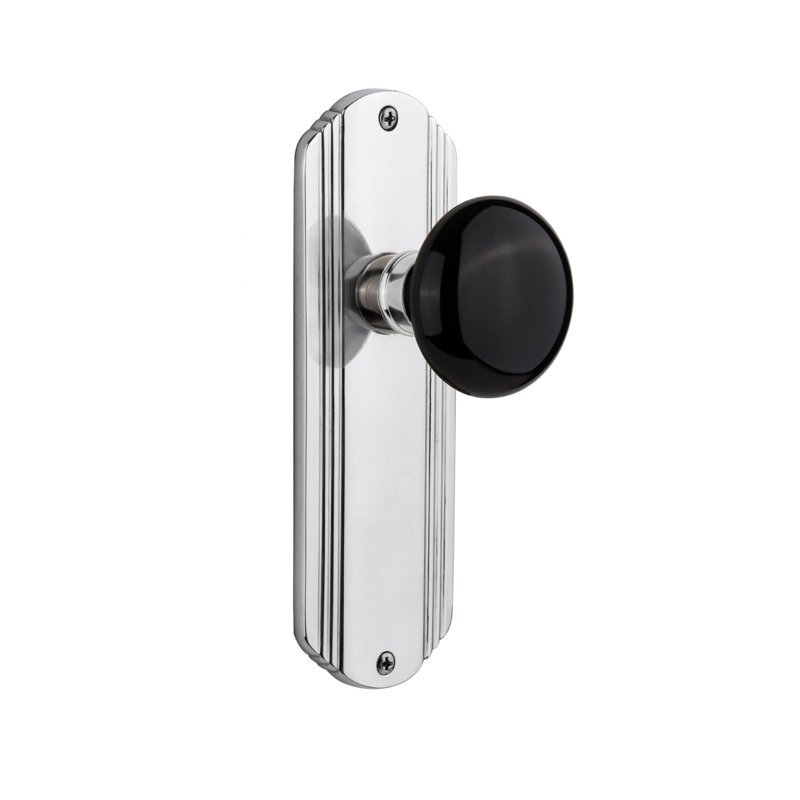 Deco Plate with Black Porcelain Door Knob, Bright Chrome, 2 3/4