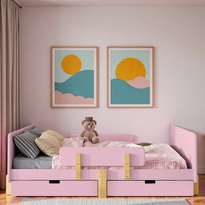 Lit plateforme avec tiroirs de rangement, garde-corps, petite tablette et crochets, Full , Pink