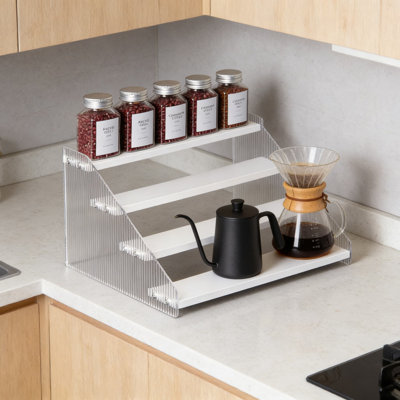 4-Tier Spice Rack Organizer, Acrylic And Wood Stair-Step Shelf For Kitchen Cabinet, Countertop, Or Pantry， Space-Saving Storage For Spices, Condiments, And More