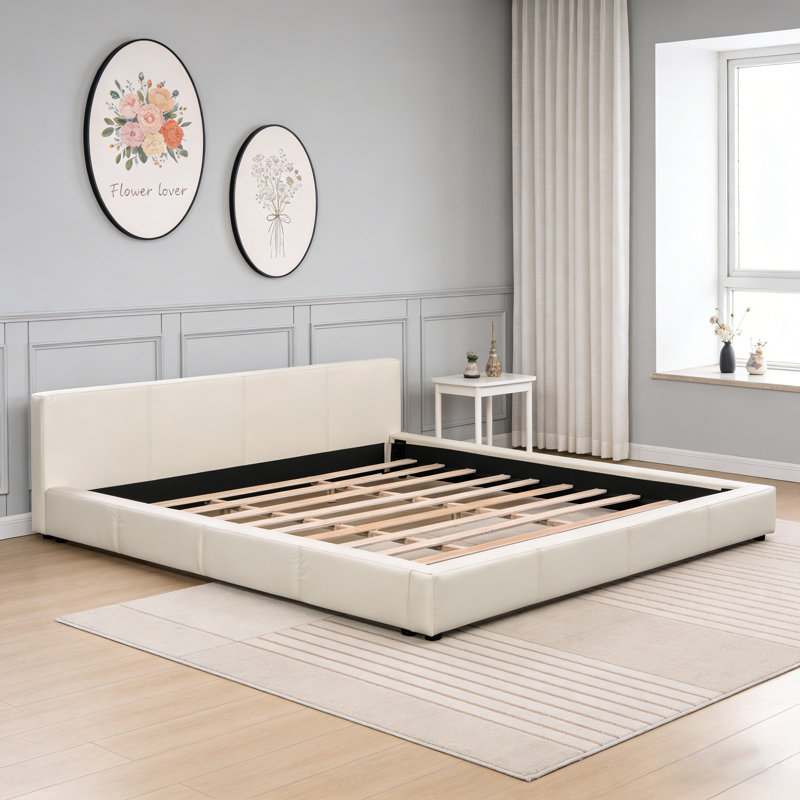 King Upholstered Platform Bed with Faux Leather Headboard No Box Spring Needed, King