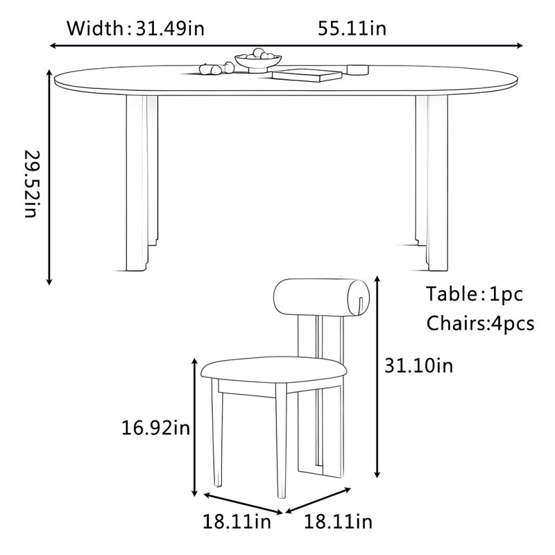 Ensemble de table et chaises de salle à manger French Vintage, H 29,52 po x L 55,11 po x l 31,49 po