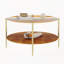 Luxueuse table basse ronde avec plateau en verre trempé doré + tablette de rangement en bois de noyer, pieds robustes en métal doré, 32,28 po de diamètre, centre de table élégant pour le salon moderne-1163759604