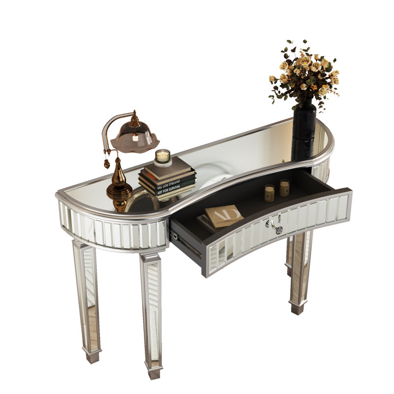 Console de 47 po avec miroir en demi-lune et miroir en verre cannelé, Argenté / Gris