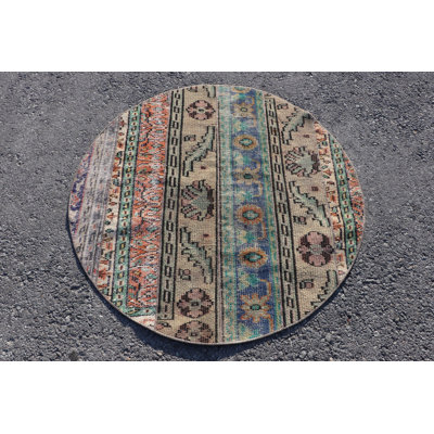 Tapis rond en laine Oushak fabriqué à la main dans un style vintage organique pour les petits espaces