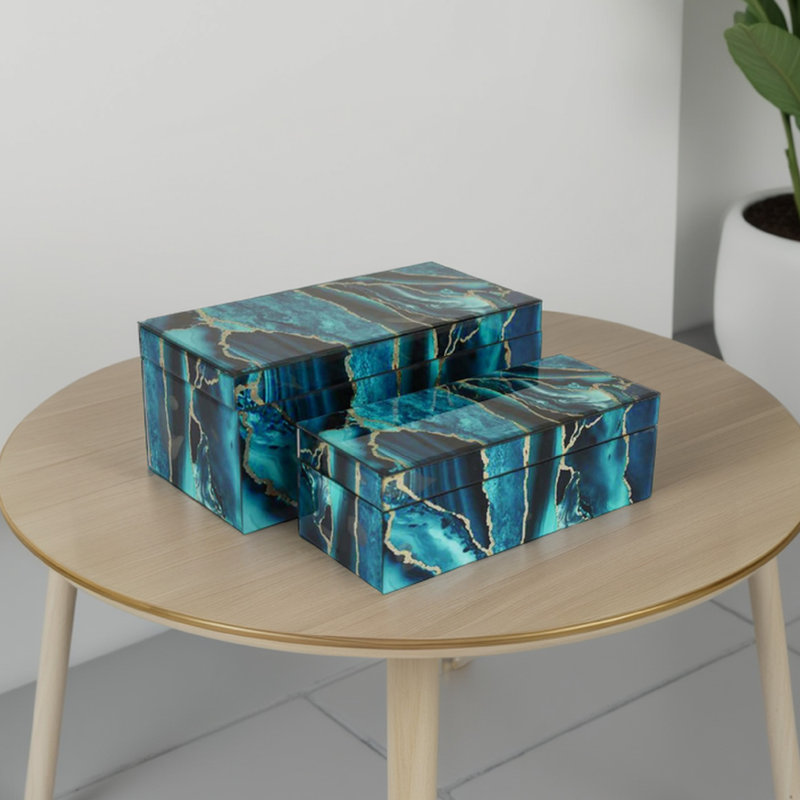Ensemble de 2 boîtes décoratives en faux marbre Dory, Bleu, noir, doré