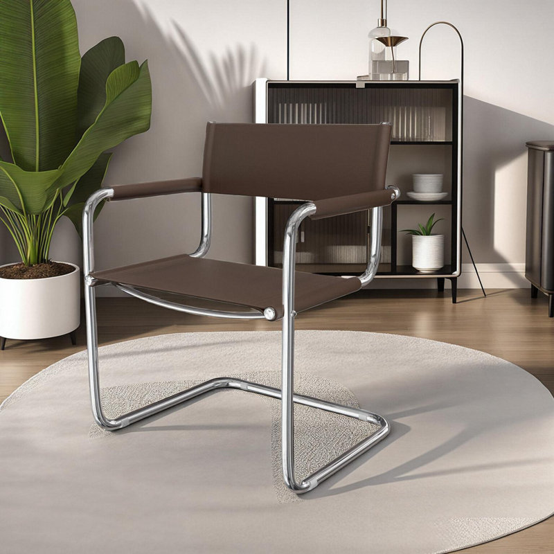 Momei Saddle Leather Accent Armchair with Stainless Steel Metal Frame, Brown