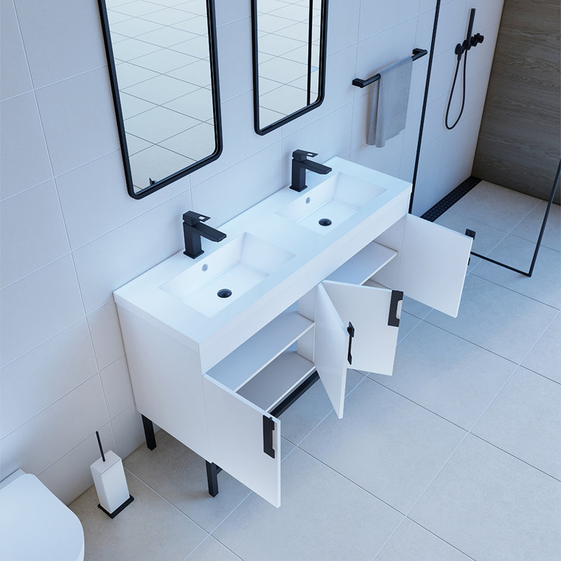 Meuble-lavabo double 60 po Linette, Noir mat, Blanc