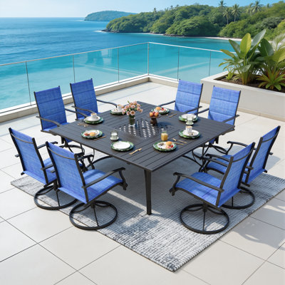 Ensemble repas 9 pièces pour terrasse - Comprend 8 chaises berçantes pivotantes et une table carrée en métal avec trou pour parasol - 8 places pour la cour, le bord de la piscine, le balcon et le jardin, bleu