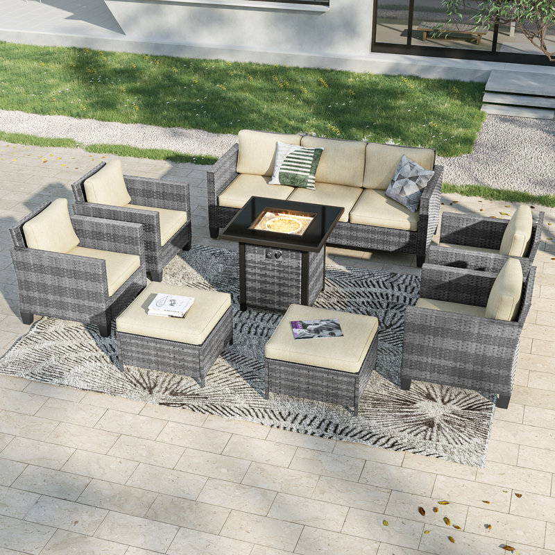 8 Piece Patio Sofa with Square Fire Pit Table and Ottomans, Gray, Beige