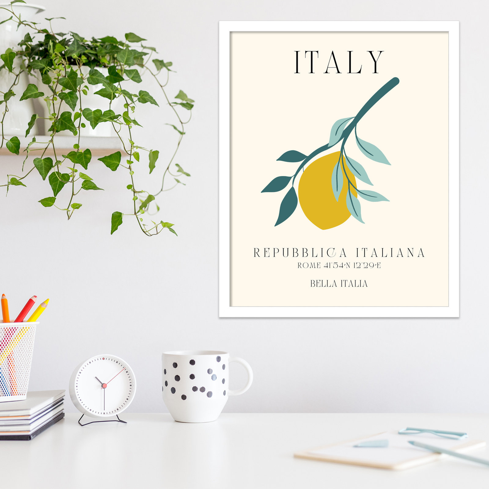 Italy Travel Poster Bella Italia by Chayan Lewis, White Framed, 17" W x 21" H x 1" D