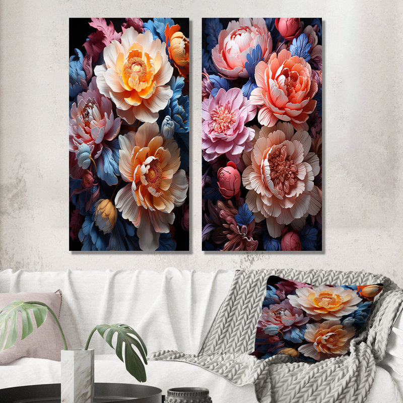 Belles pivoines colorées «Come Alive» - ensemble de 2 reproductions d'art pivoines, Toile tendue, H 40 po x l 41 po