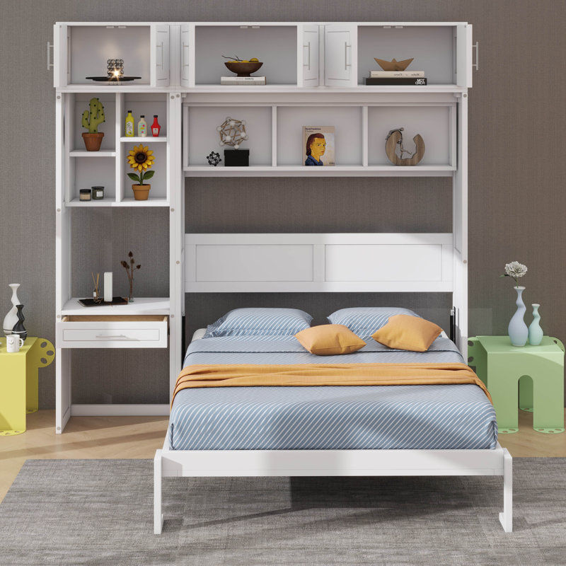 Lit escamotable luxueux avec bureau intégré, armoire supérieure et tablettes de rangement, Blanc, Grand