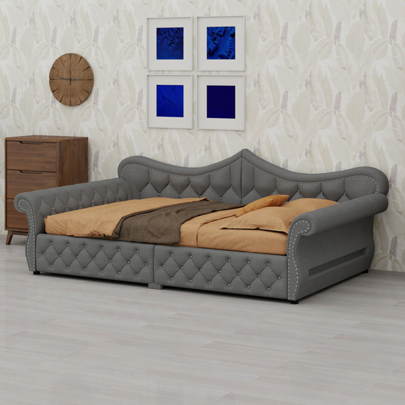 Upholstered Daybed with LED  and Nail Head Decoration, Gray