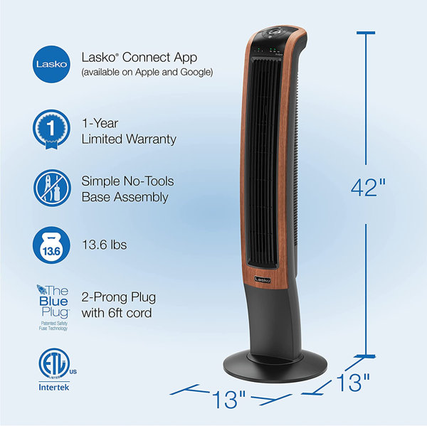 Lasko 42 Wind Curve Woodgrain Electric Slim Standing Tower Fan With  Bluetooth - Wayfair Canada