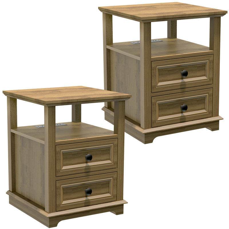 Chaky 2 - Drawer Nightstand with Storage and Built-In Outlets, Light Brown, Set of 2