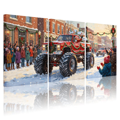 «Christmas Christmas Monster Truck Parade Snowy Street Scene», ensemble de 3 impressions d'art sur toile
