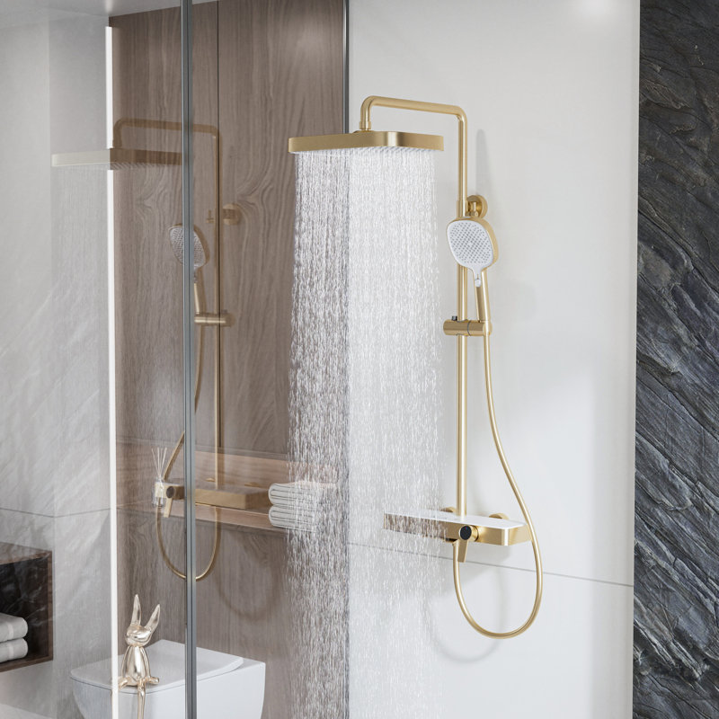 3-Function Wall-Mounted Shower System With Square Rainfall Shower Head, Adjustable Handheld & Tub Spout, Brushed Gold
