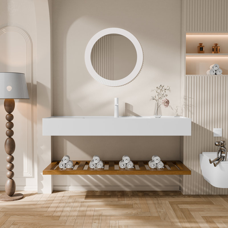 Meuble-lavabo flottant mural 48 po avec lavabo en acrylique et tablette ouverte - finition naturelle ou noyer, Noyer, 48"