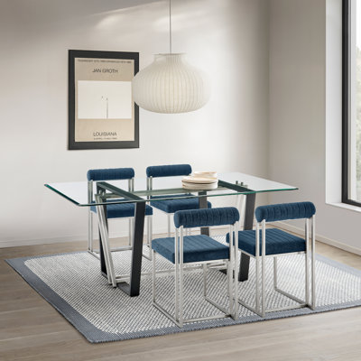 Mirriah 5 Piece Rectangular Glass Dining Table Set with Metal Frame and Upholstered Chairs