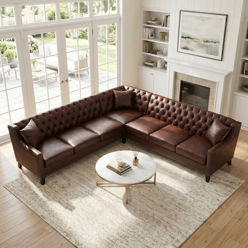 Canapé d'angle en cuir synthétique Chesterfield 6 places avec dossier capitonné pour le salon Chesterfield, Brown