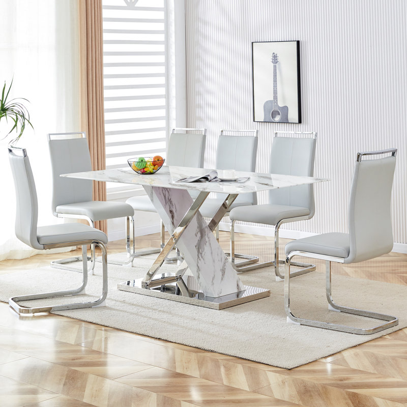 7-Piece Modern 63" Rectangular Faux Marble Glass Dining Set with Faux Leather Cantilever Chairs, Light Gray