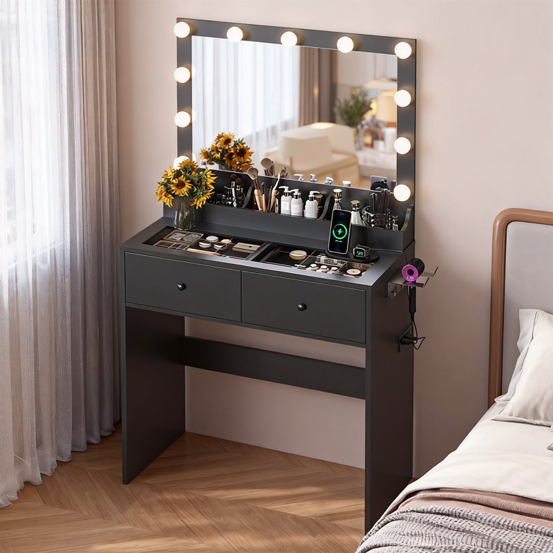 Vanity Desk with 3-Color Lights - Glass Top, 2 Drawers & Power Strip, Black
