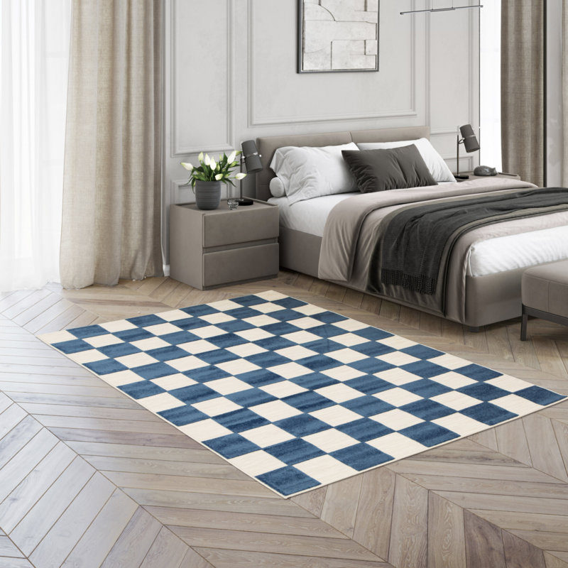 Aurelio Chequered Machine Woven Relief Indoor Outdoor Navy Area Rug, Rectangle 123 x 170cm