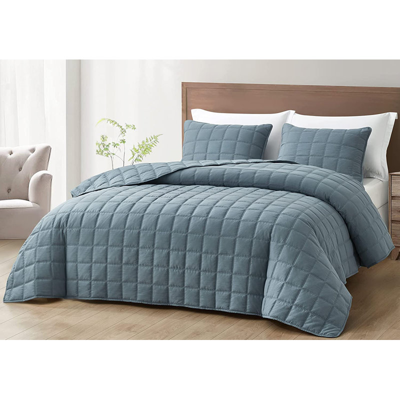 Square Stitch Embroidered Microfiber Quilt Set, Dusty Blue, Queen Quilt + 2 Standard Shams