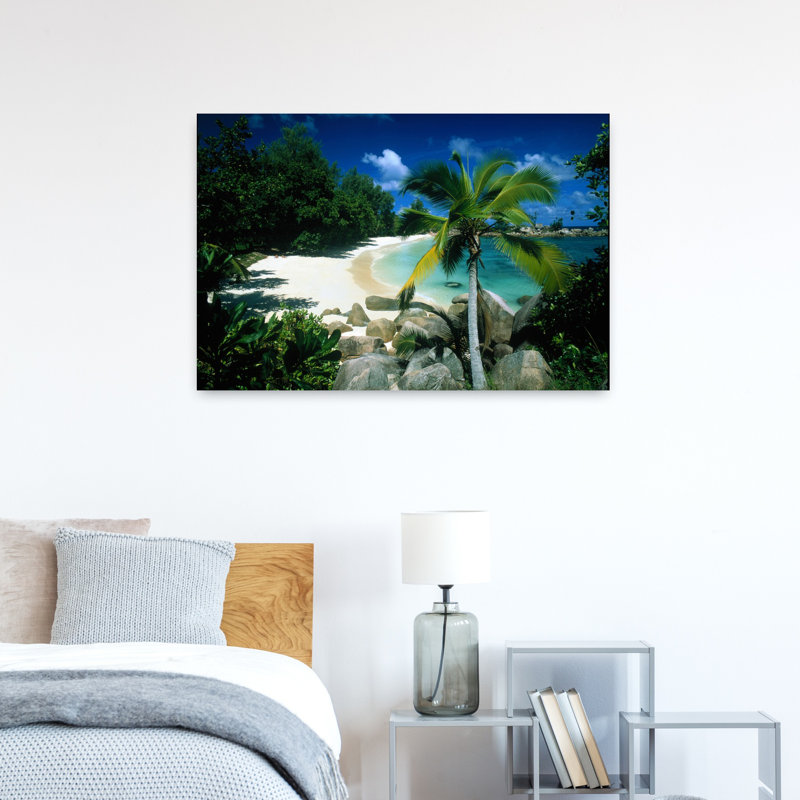 Petite Anse, Praslin, Seychelles, art contemporain abstrait de palmiers sur la plage, océan, H 24 po x l 36 po