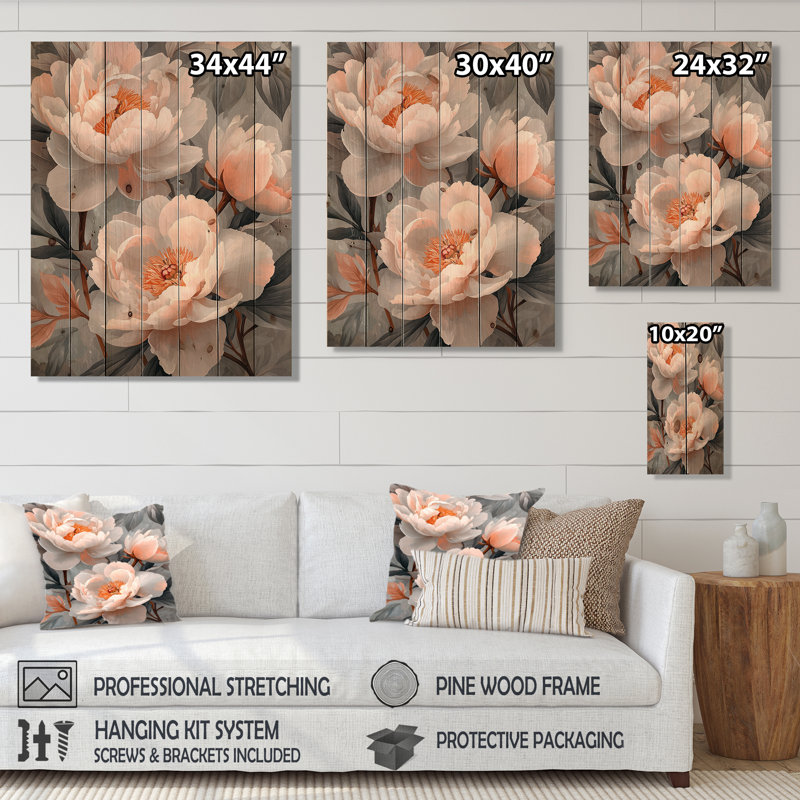 Pink Sunlit Garden - Peonies Wood Wall Decor - On Natural Pine Wood, 32" H x 24" W x 0.78" D