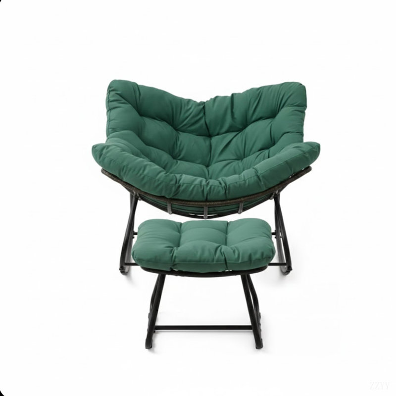 Egg Rocking Chair With Ottoman, All-Weather Wicker Lounge & Cushions, Green