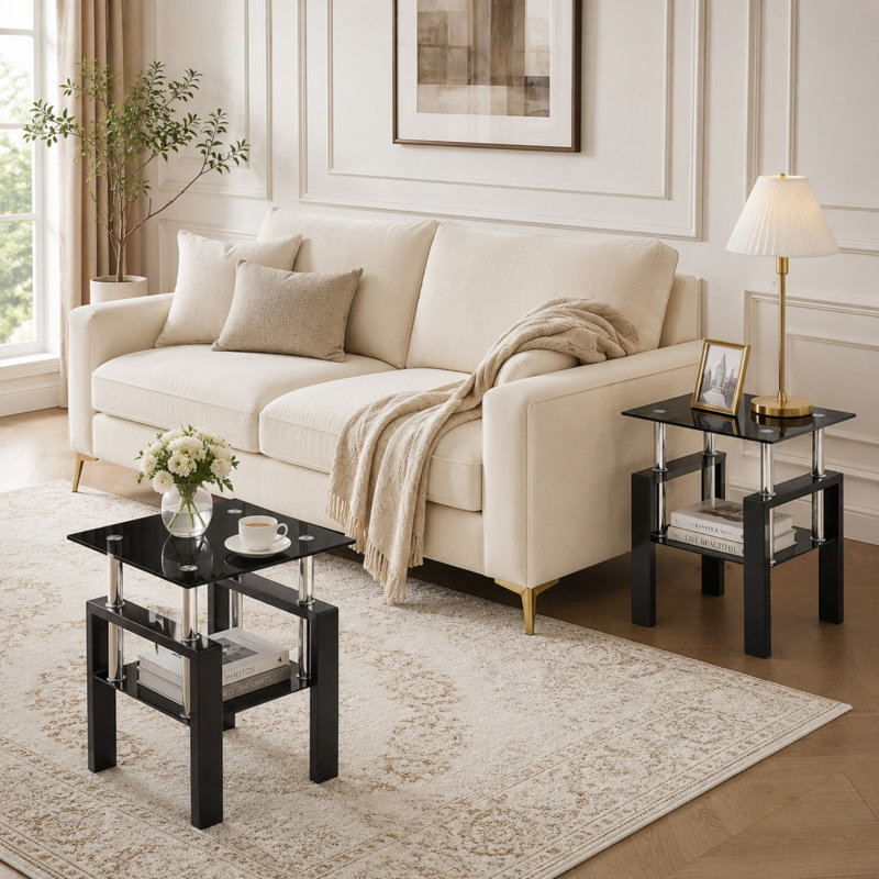 Ensemble de tables de bout carrées en verre avec tablette de rangement, Dessus noir et pieds noirs