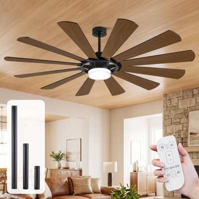 62"/72" Windmill Ceiling Fan with Light, Large Modern Industrial Ceiling Fan with Remote, 12 Blade High Airflow Ceiling Fan, Quiet Reversible DC Motor, Dimmable LED Ceiling Fan for Living Room, Farmhouse
