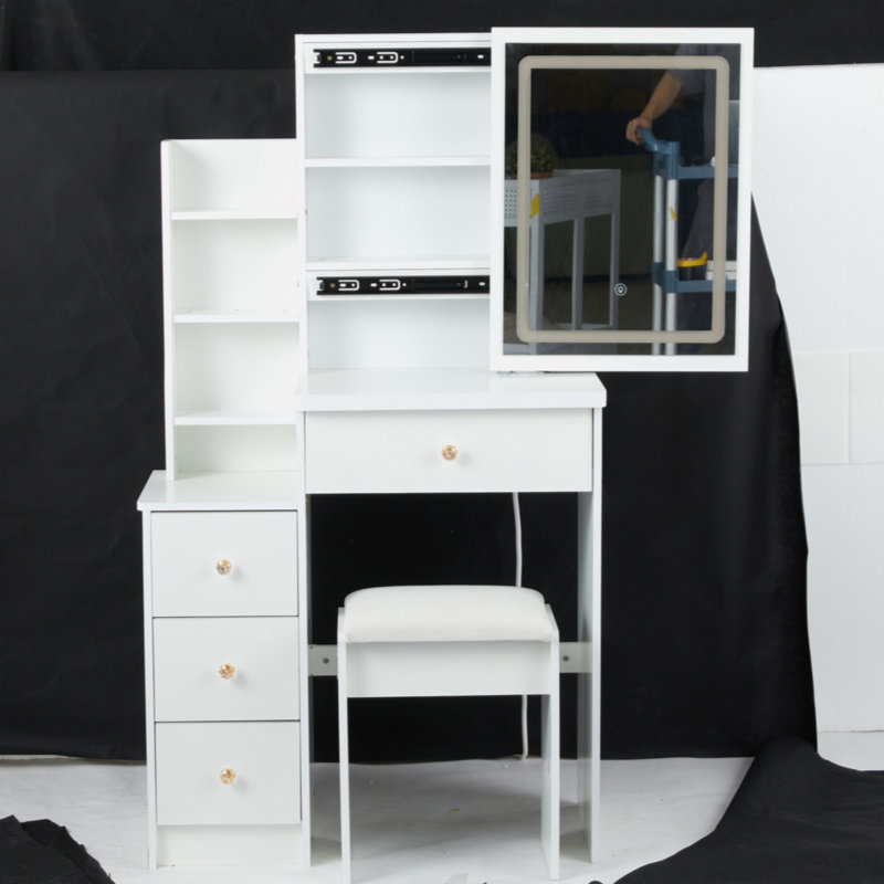 29.2" Small Size Left Bedside Cabinet Vanity Table + Cushioned Stool, Large Sliding, Touch Control, Tri-Color Switching, Brightness Adjust LED Mirror, High Capacity Storage, Suitable For Small Space