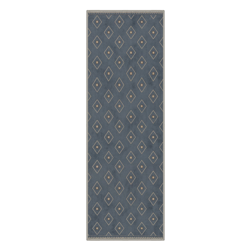 Zenia Boho Oriental Machine Washable Blue / Beige Indoor Area Rug with Non-Slip Backing, Runner 2' x 7'