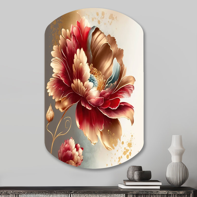 «Bold Red Floral Design I», art mural asymétrique en forme de cylindre floral, H 31 po x l 19 po