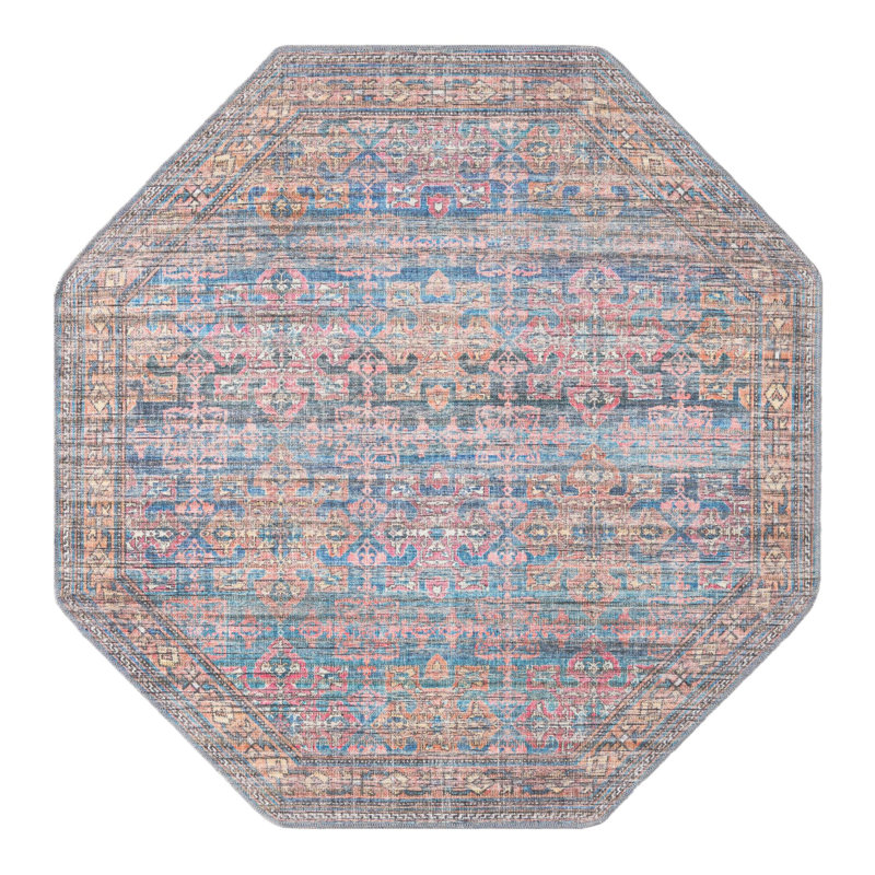 Tapis bleu tissé à la machine Hadsell, Octogone 5 pi 3 po x 5 pi 3 po