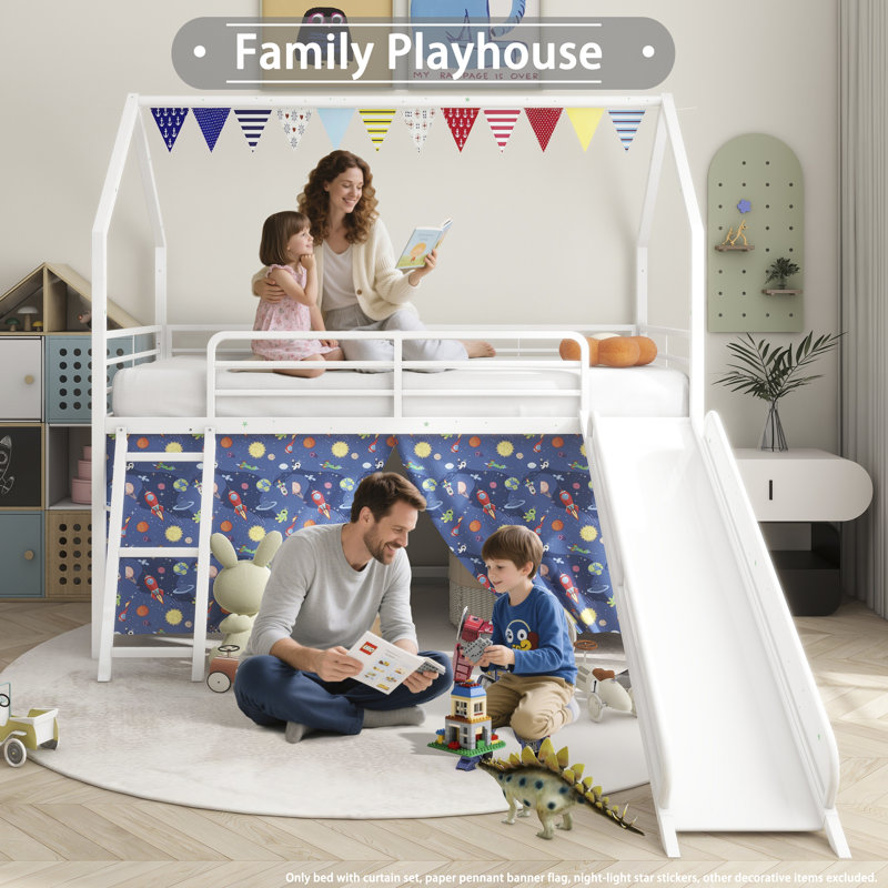 Twin Junior Loft Bed with Slide, Curtain Set & Decorative Flags, Metal, White with Blue, White/Blue