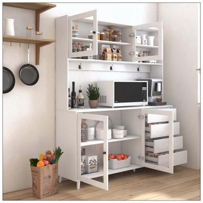 63" Large Kitchen Freestanding Hutch Pantry Cabinet with 4 Doors, 4 Drawers & Microwave Shelf