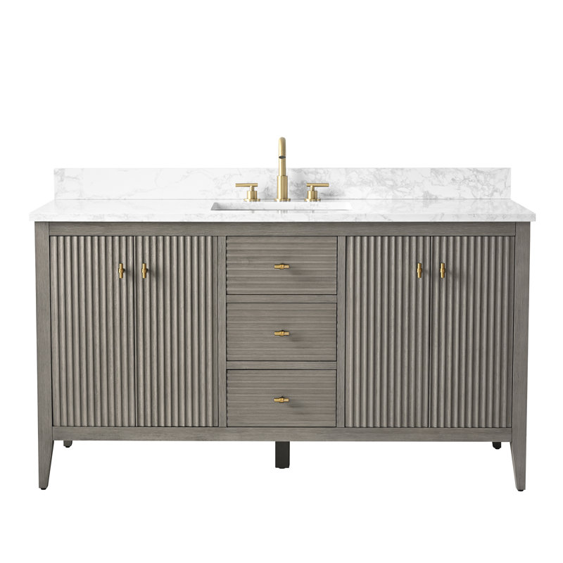 Meuble-lavabo simple 60 po avec plateau en marbre d'ingénierie 60 po, Doré brossé, Gris flottant linéaire