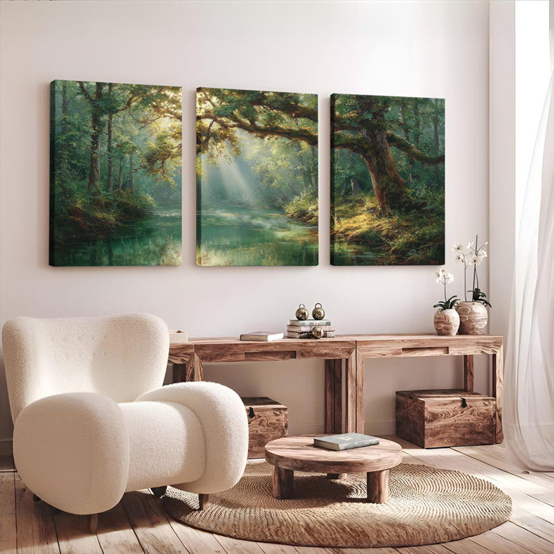 Ensemble de 3 tableaux muraux sur toile représentant un ruisseau en forêt et la lumière du soleil, H 18 po x l 36 po