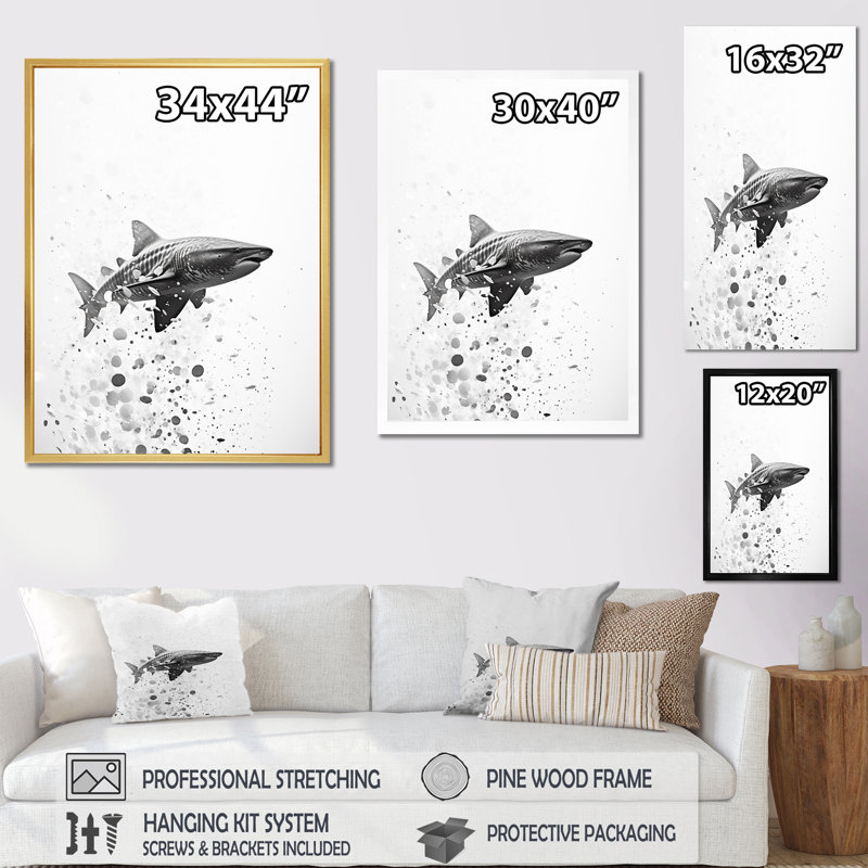 " Monochrome Gray Shark Dance ", Black Single Picture Framed, 44" H x 34" W x 1.5" D