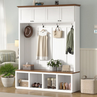 59''W Entryway Hall Tree With Bench And Storage, Farmhouse Wood-Grain Accent 4-In-1 Hall Tree With Cabinets, Coat Racks And Hooks For Hallway, Entryway, Living Room And Mudroom