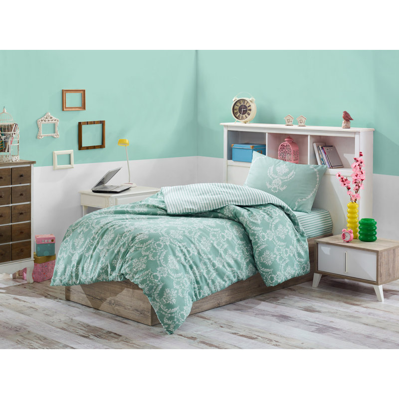 Ensemble de housse de couette 100% coton Clarendon vert d'eau / blanc, Housse de couette 61 po x 79 po + 1 taie d'oreille