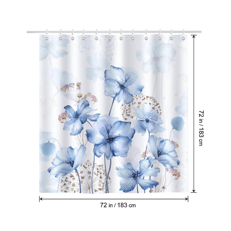 Watercolour Floral Polyester Shower Curtain, Blue