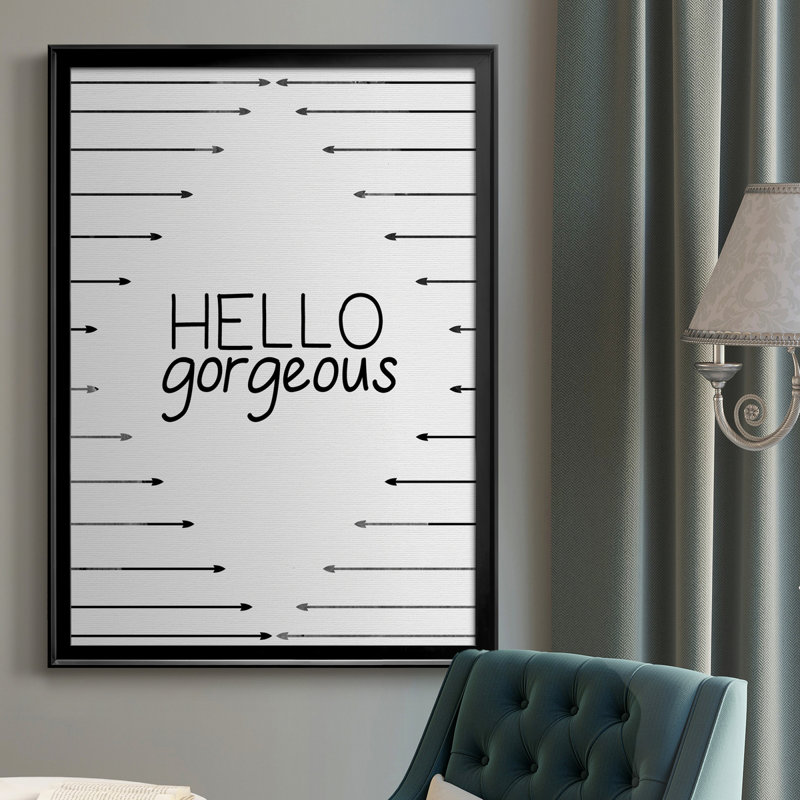 «Hello Gorgeous», art textuel sur toile, H 30,5 po x l 42,5 po x P 1,5 po, Cadre noir