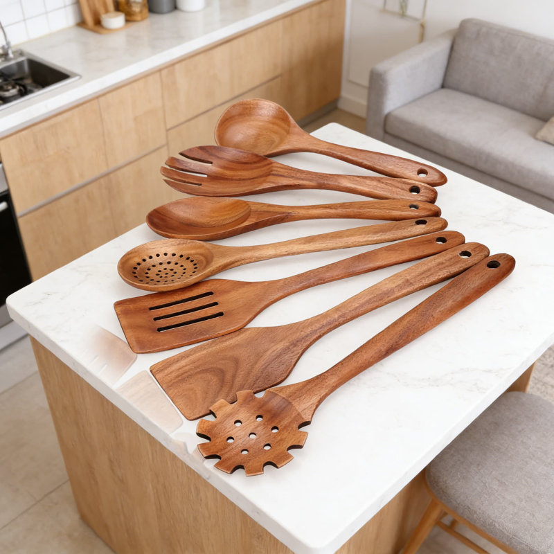 Ensemble d'ustensiles de cuisine en bois de teck, outils de cuisson anti-égratignures 7 pièces avec spatule, spatule fendue, cuillère d'écumoire, cuillère à pâtes, fourchette à salade et cuillères pour batterie de cuisine antiadhésive, sans BPA