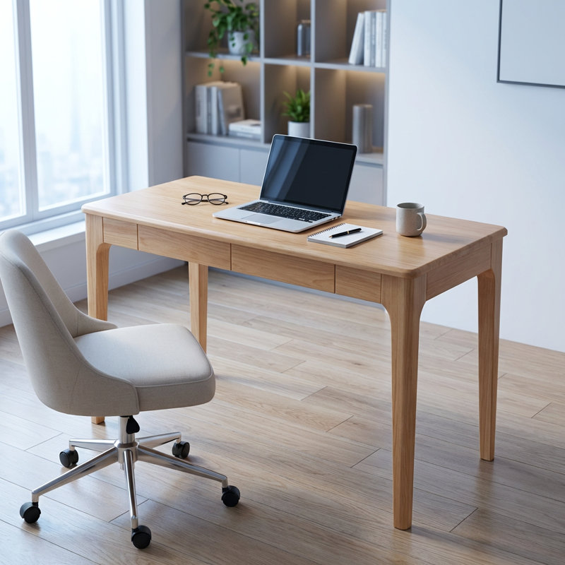 Bureau debout en bois massif avec tiroirs intégrés, conception minimaliste moderne avec bords lisses et fabrication durable