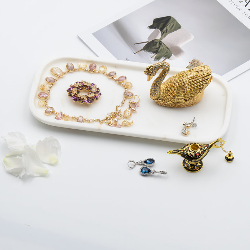 Natural Carrara Gold Marble Tray for Bathroom, Vanity and Kitchen, Polished Rectangle Marble Stone Tray for Jewelry, Cosmetics, Candles, Perfume and Home Decor