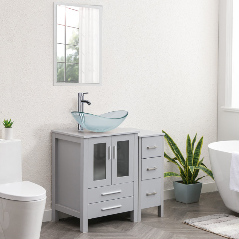 Base color：WhiteSink color：Gold 36'' Free Standing Single Bathroom Vanity with Manufactured Wood Top, Vessel Sink, Faucet, Drain